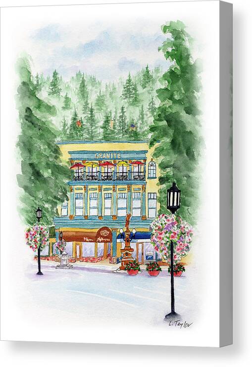 Granite Building Canvas Print featuring the painting Granite on the Plaza by Lori Taylor