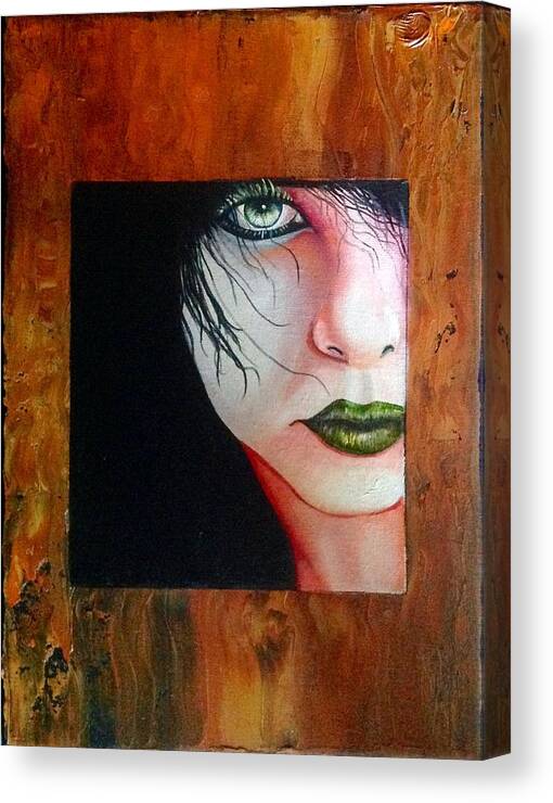 A Portrait Of A Green Eyed Lady Peering Through A Wooden Opening. She Has Green Lipstick And Green Eyelashes. She Has Black Hair Falling On Her Face. Canvas Print featuring the painting Green Eyed Lady by Martin Schmidt