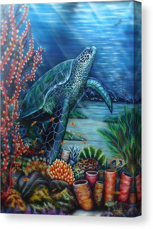 Green Sea Turtle Canvas Print featuring the painting Honu by Ruben Archuleta - Art Gallery