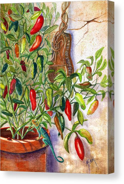 Jalapenos Canvas Print featuring the painting Hot Sauce On The Vine by Marilyn Smith