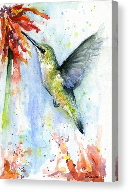 Watercolor Canvas Print featuring the painting Hummingbird and Red Flower Watercolor by Olga Shvartsur