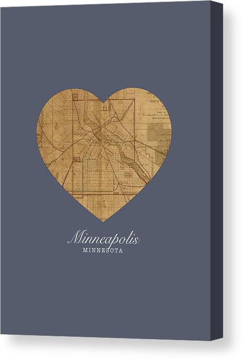 I Heart Canvas Print featuring the mixed media I Heart Minneapolis Minnesota Vintage City Street Map Love Americana Series No 034 by Design Turnpike