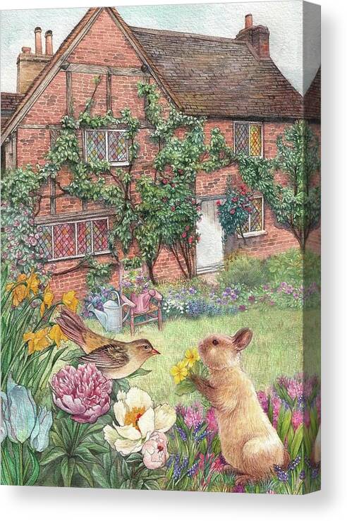 Art Licensing Canvas Print featuring the painting Illustrated English cottage with bunny and bird by Judith Cheng