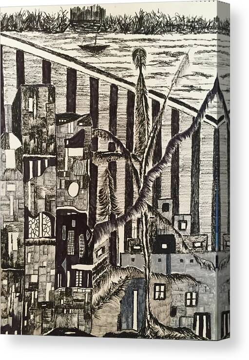 Black & White Canvas Print featuring the drawing Imaginary Resort by Dennis Ellman
