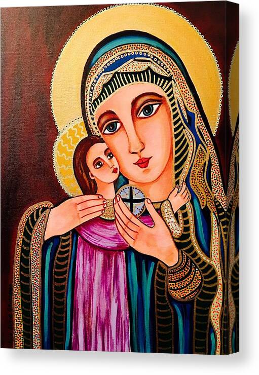 Madonna And Child/ Globe/ Jesus/ Halo/ Blessed Virgin Mary/sphere/ Veil/icon Canvas Print featuring the painting In Mary's Hands by Susie Grossman
