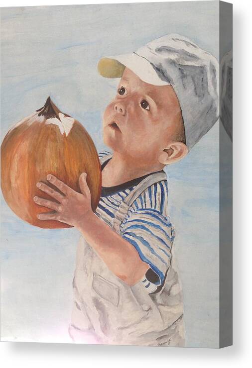Child Canvas Print featuring the painting Is this pumpkin good? by Chuck Gebhardt
