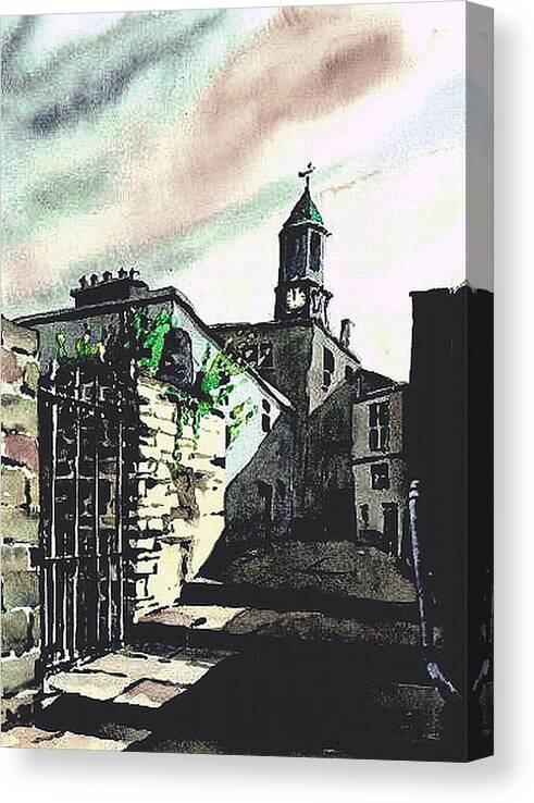 Val Byrne Canvas Print featuring the painting Kilkenny City Clocktower laneway by Val Byrne