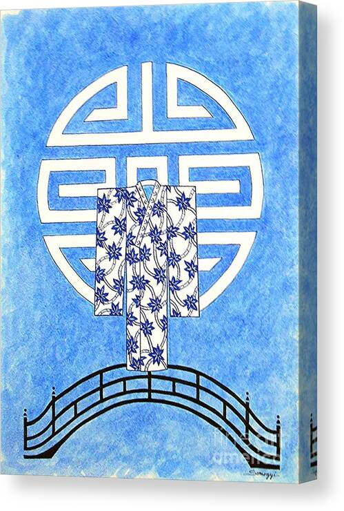 Kimono Canvas Print featuring the drawing Kimono Bridge -- Stylized Asian Design by Jayne Somogy