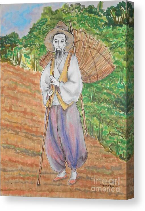 Korea Canvas Print featuring the drawing Korean Farmer -- Old Asian Man Outdoors by Jayne Somogy