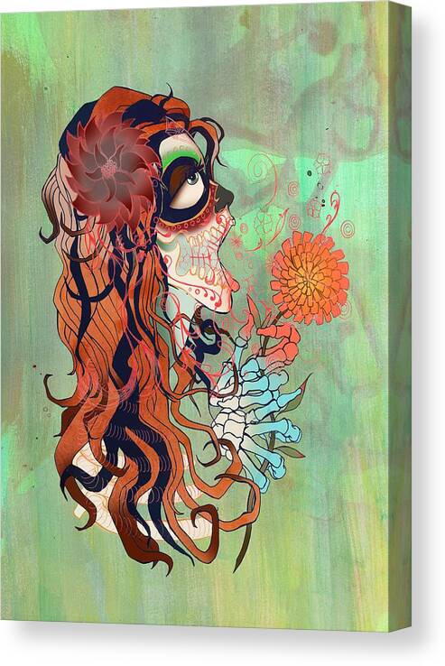 La Muerte Sugar Skull Girl Beauty Splatter Canvas Print featuring the digital art La Muerte by Kate Collins