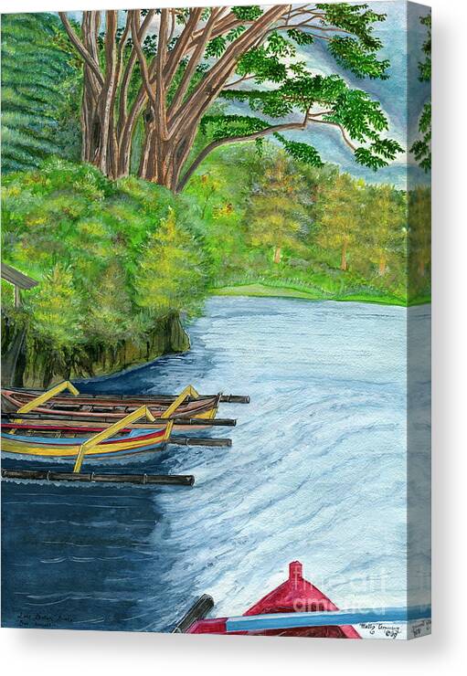 Bali Canvas Print featuring the painting Lake Bratan Boats Bali Indonesia by Melly Terpening