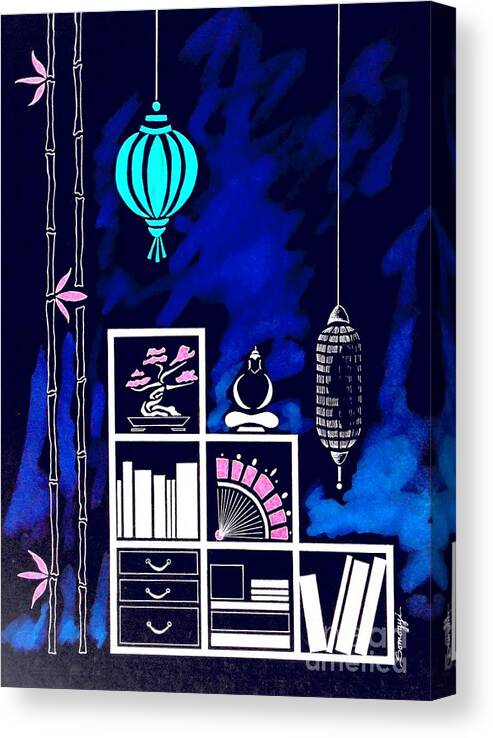 Minimalism Canvas Print featuring the painting Lamps, Books, Bamboo -- Negative by Jayne Somogy