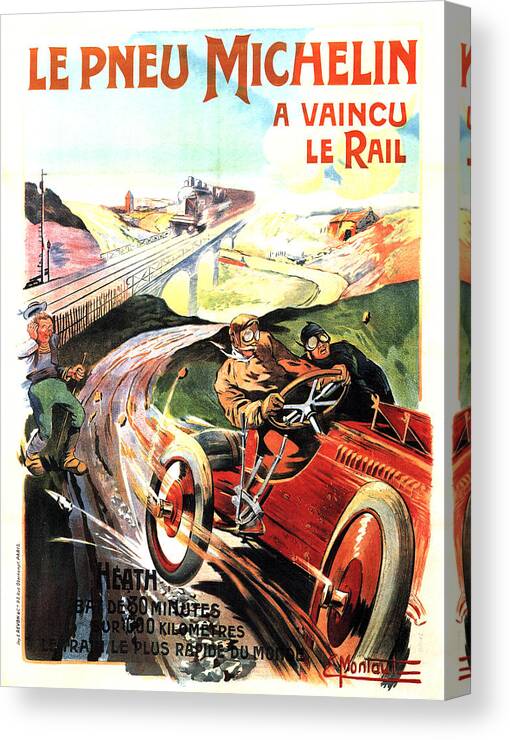 Vintage Canvas Print featuring the mixed media Lw Pneu Michelin A Vaincu Le Rail - Vintage Tyre Advertising Poster by Studio Grafiikka