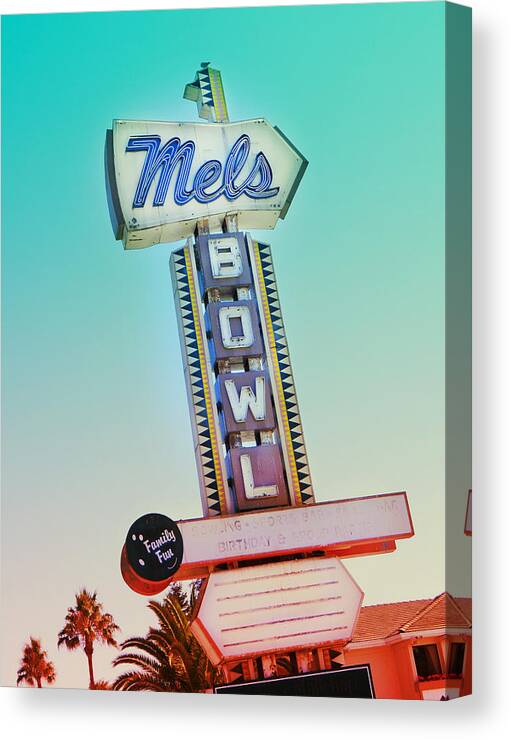 Vintage Canvas Print featuring the photograph Mels Bowl Retro Sign by Kathleen Grace