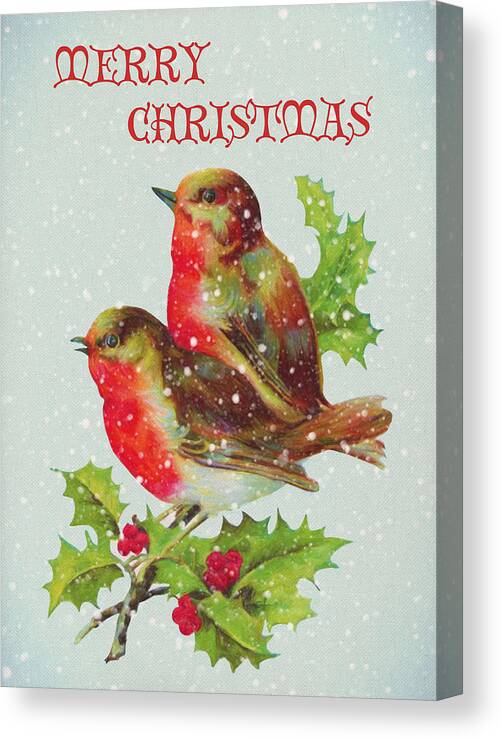 Merry Christmas Snowy Bird Couple Canvas Print featuring the digital art Merry Christmas Snowy Bird Couple by Sandi OReilly