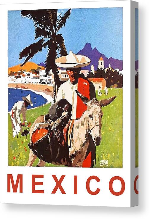 Mexico Canvas Print featuring the painting Mexico, Mexican posing with donkey by Long Shot