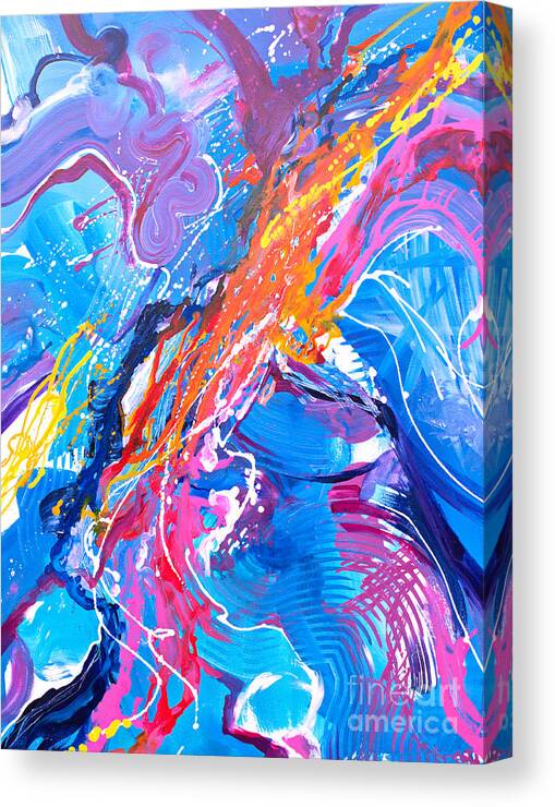 Bright Blue Dominate Strands Of Hot Orange With Yellows Pinks And Purples And A Touch Of Red.white Accents. Bold Strokes Texture.dramatic Dynamic And Contemporary. Overflowing Canvas Print featuring the painting Momentum V by Priscilla Batzell Expressionist Art Studio Gallery