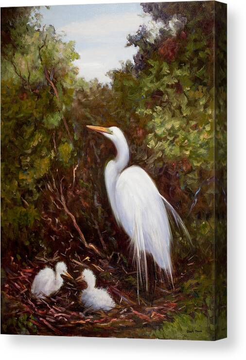 Egret Canvas Print featuring the painting Mother Egret and Nestlings by Glenda Cason
