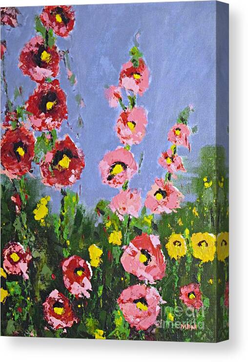 Hollyhocks Canvas Print featuring the painting My Energy of Peace by Mary Mirabal