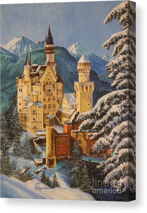 Germany Art Canvas Print featuring the painting Neuschwanstein Castle in Winter by Charlotte Blanchard