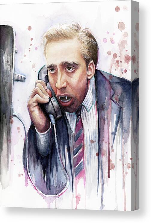 Nicolas Cage Canvas Print featuring the painting Nicolas Cage A Vampire's Kiss Watercolor Art by Olga Shvartsur