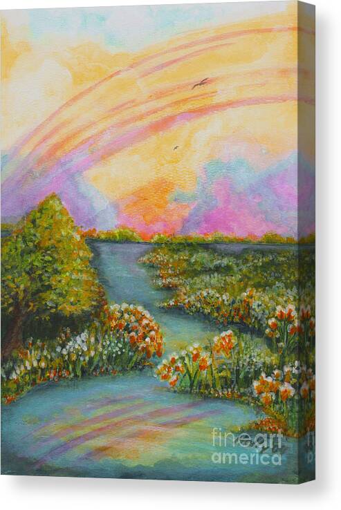 Rainbow Canvas Print featuring the painting On My Way by Holly Carmichael