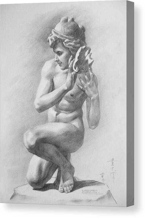 Charcoal Canvas Print featuring the drawing Original Charcoal Drawing Art Male Nude Boy On Paper #16-3-11-26 by Hongtao Huang