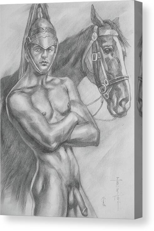 Drawing Canvas Print featuring the drawing Original drawing pencil male nude and horse#17317 by Hongtao Huang