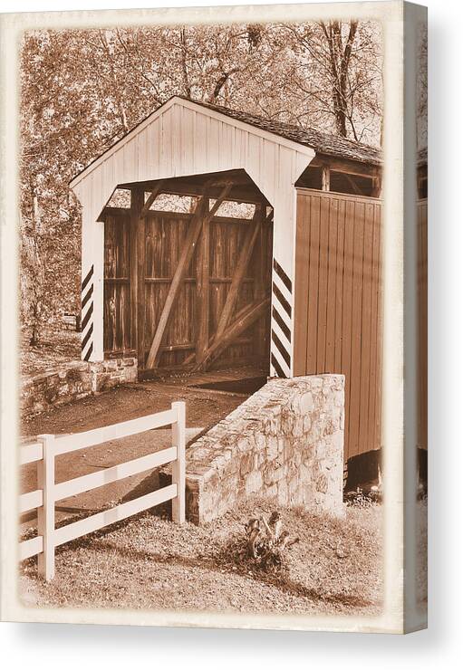 Willow Hill Covered Bridge Canvas Print featuring the photograph PA Country Roads - Willow Hill Covered Bridge Over Miller's Run #4S Close - Lancaster County by Michael Mazaika