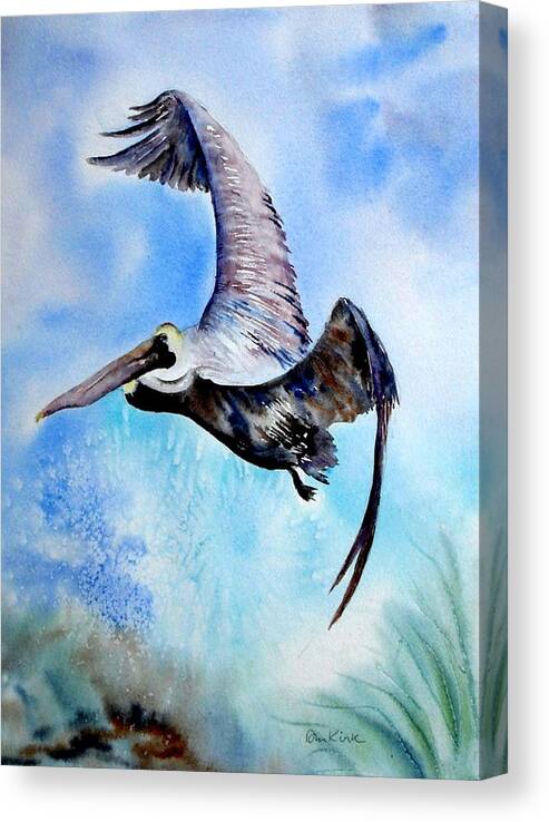 Birds Canvas Print featuring the painting Pelican in Flight by Diane Kirk