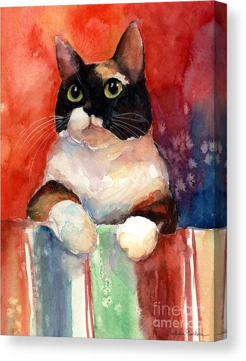 Calico Cat Canvas Print featuring the painting Pensive Calico Tubby Cat watercolor painting by Svetlana Novikova
