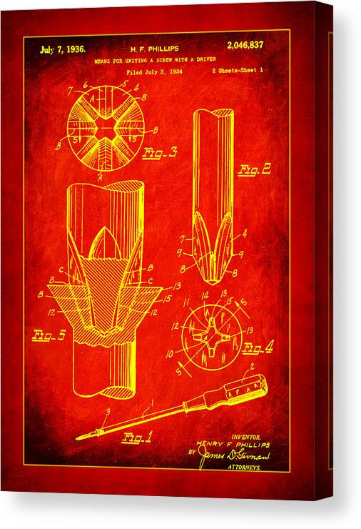 Patent Canvas Print featuring the mixed media Phillips Screwdriver Drawing 1g by Brian Reaves