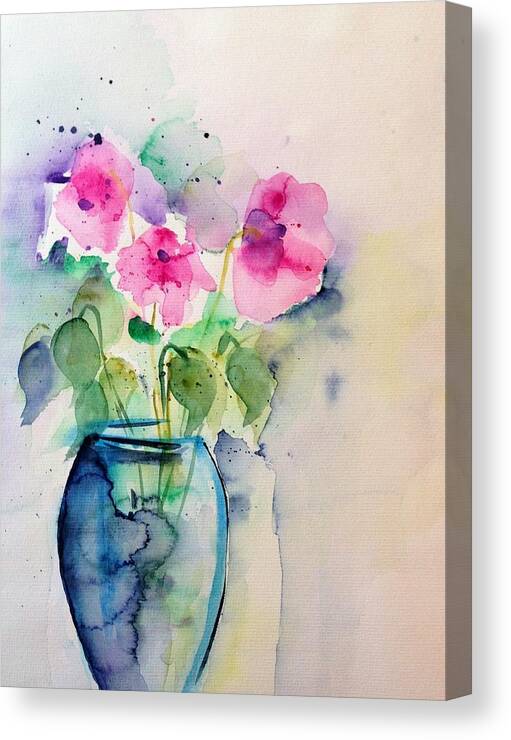 Three Canvas Print featuring the painting Pink Flowers In The Vase by Britta Zehm