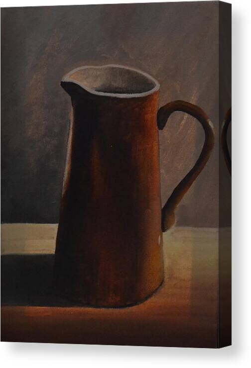 An Empty Red Ceramic Pitcher With A White Inside. The Pitcher Is Sitting On A Light Brown Colored Table With A Gray Background. The Red Pitcher Is Casting A Shadow On The Table. Canvas Print featuring the painting Pitcher by Martin Schmidt