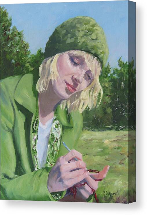 Figurative Canvas Print featuring the painting Plein Air Crocheting by Connie Schaertl