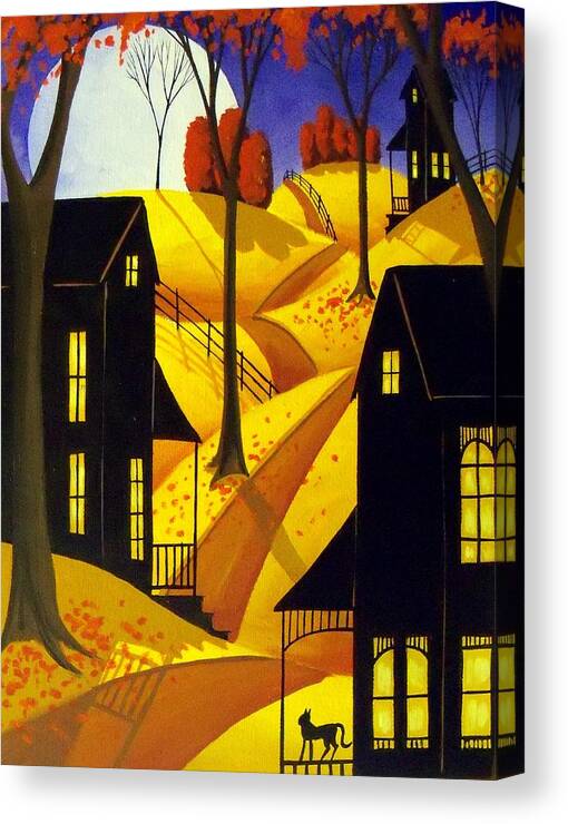 Folk Art Canvas Print featuring the painting Porch Kitty - folk art landscape cat by Debbie Criswell