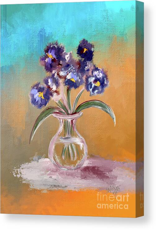 Still Life Canvas Print featuring the digital art Purple and Blue Pansies In Glass Vase by Lois Bryan