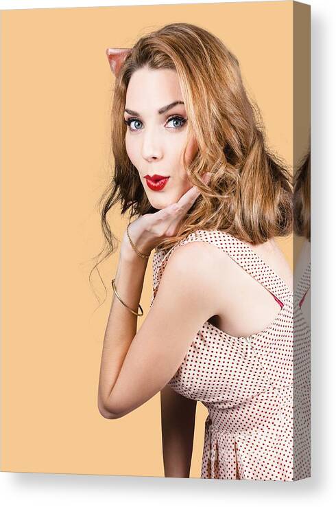 Pinup Canvas Print featuring the photograph Quirky portrait of a posing 50s girl in pinup style by Jorgo Photography
