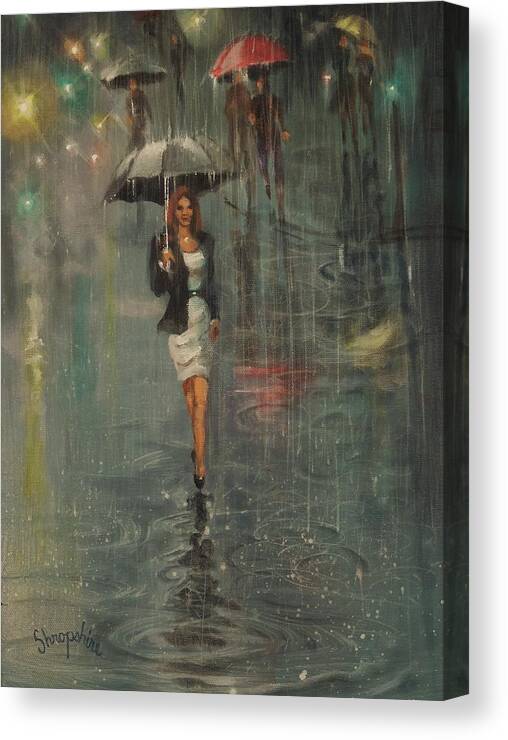 Woman With Umbrella Canvas Print featuring the painting Rain in the City by Tom Shropshire