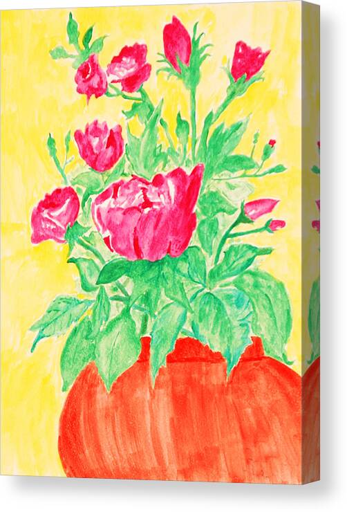 Flower Canvas Print featuring the painting Red Flowers in a Brown vase by Jose Rojas