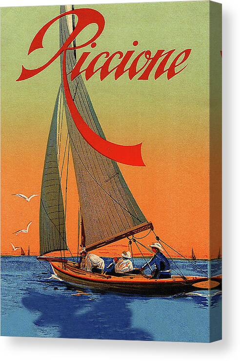 Riccione Canvas Print featuring the painting Riccione, Italy, sail boat, vintage travel poster by Long Shot