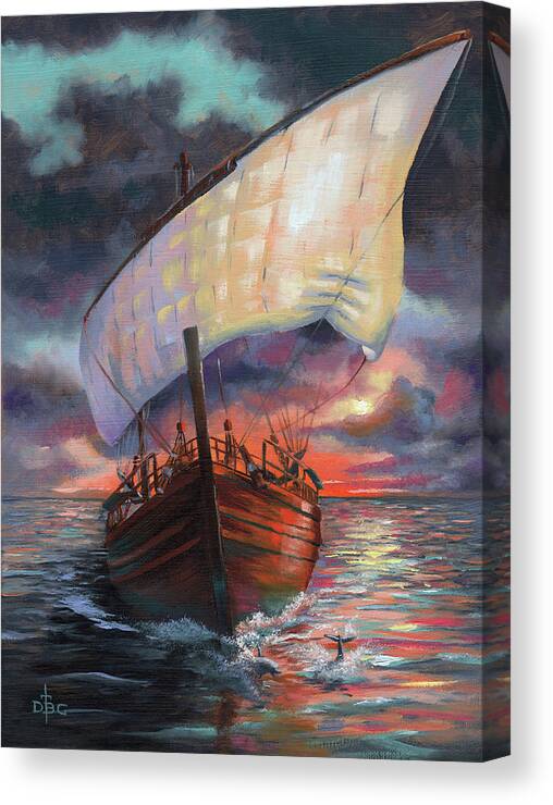 Ship Canvas Print featuring the painting Running with the Dolphins at Sunset by David Bader