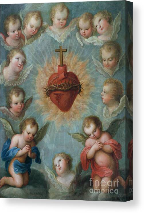 Thorns Canvas Print featuring the painting Sacred Heart of Jesus surrounded by angels by Jose de Paez