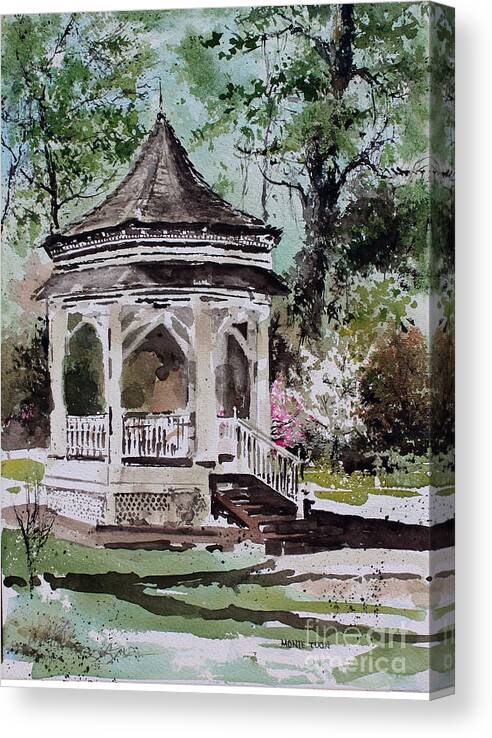 A Small Gazebo In The Morning Sunlight At The Park Near Historical Downtown Siloam Springs Canvas Print featuring the painting Siloam Springs Park by Monte Toon