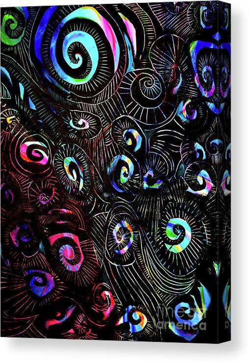 Magnificent Rainbow Hued Colors Show Through A Black Background Populated With Unending Spirals In A Wide Variety Of Sizes .all Are Scratched Canvas Print featuring the painting Siren Song by Priscilla Batzell Expressionist Art Studio Gallery