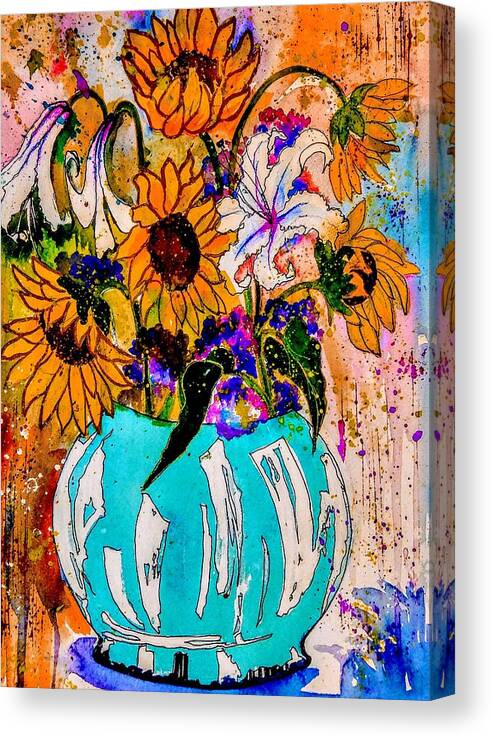 Sunflowers Lilies And Blue Vase Canvas Print featuring the painting Smile Two by Esther Woods
