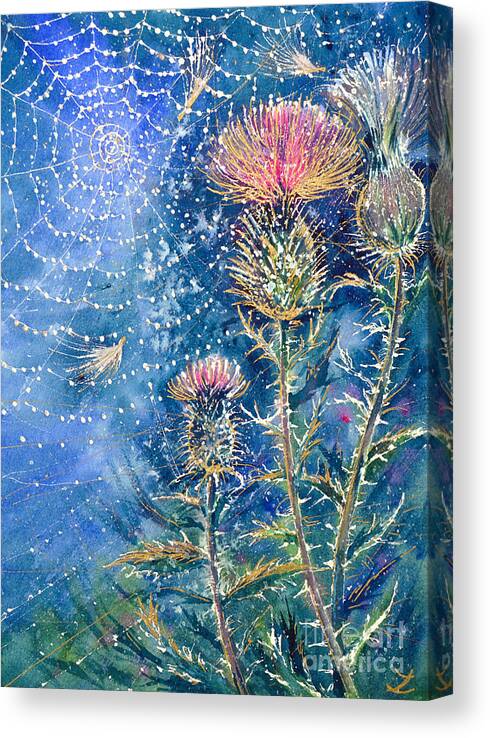 Cobweb Canvas Print featuring the painting Spider Web on the Thistle by Zaira Dzhaubaeva