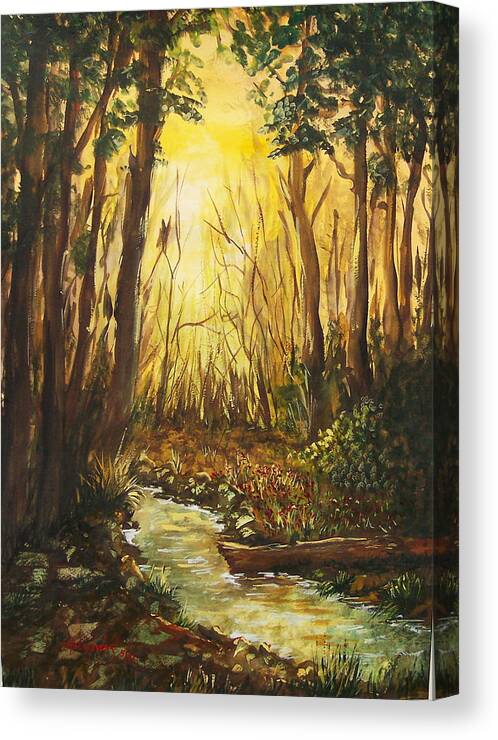 Stream Forest Trees Sunset Sunrise Canvas Print featuring the painting Stream by Miroslaw Chelchowski