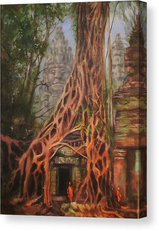  Ancient Ruins Canvas Print featuring the painting Ta Prohm Cambodia by Tom Shropshire
