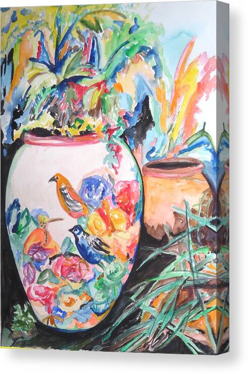 The Bird Flower Pot Canvas Print featuring the painting The Bird Flower Pot by Esther Newman-Cohen